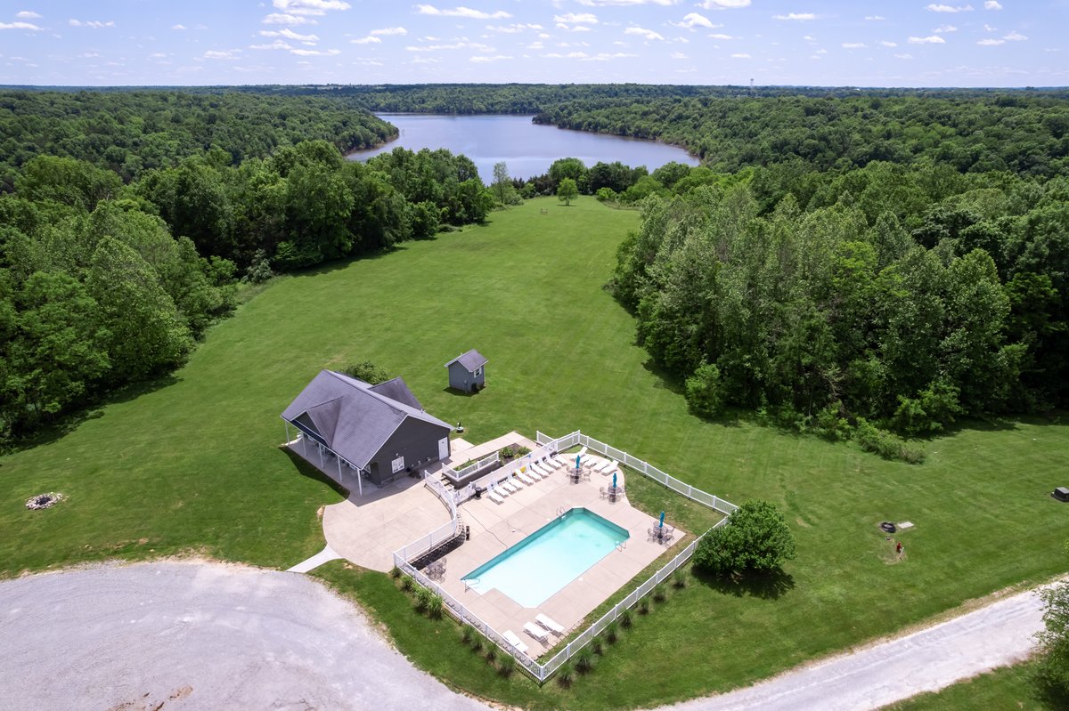 Community pool and lake seen from above