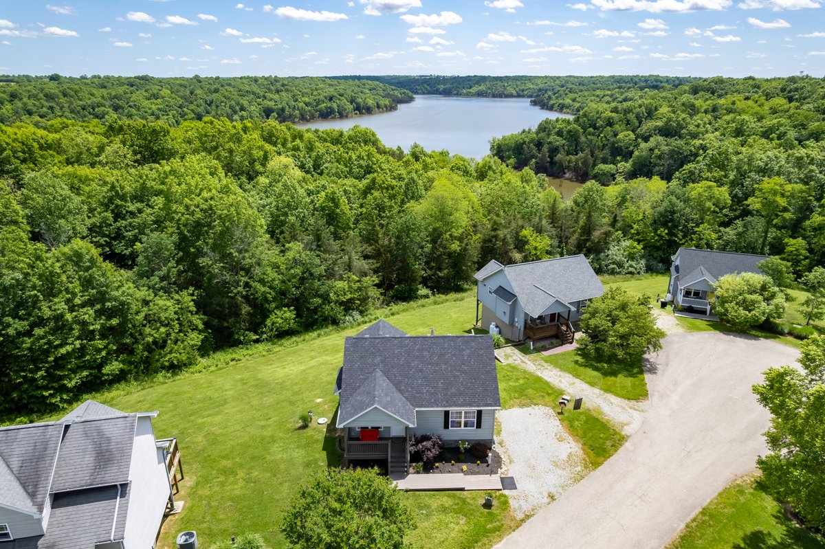 Cottages, road and lake seen from above